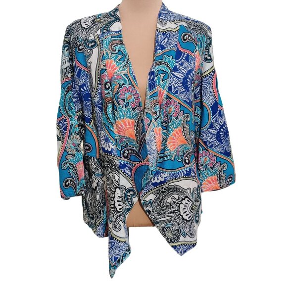 Chicos Womens Statement Jacket Artistic Paisley Linen Draped Open Front Sz 2 L - Picture 1 of 8